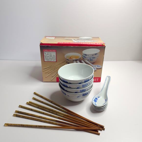 Vintage China Village 12 Piece Porcelain Dinnerware Set Chop Sticks Soup Bowls - Picture 1 of 16